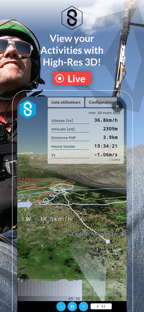 SportsTrackLive: Action Sports - A person paragliding with an app interface showing high-resolution 3D flight tracking and performance stats like speed and altitude