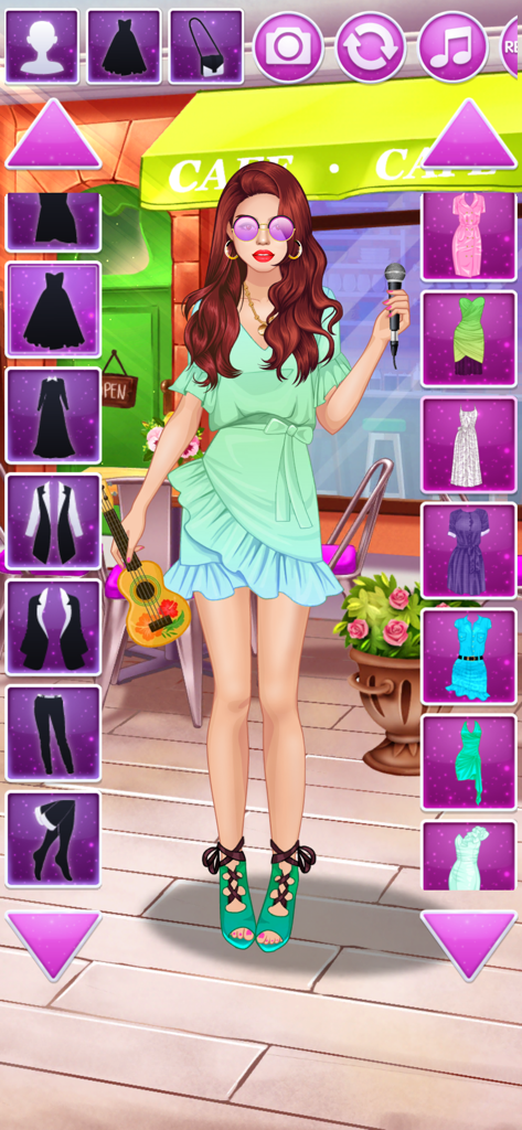 Dress Up Games: Fashion Girl - A girl character in a mint green dress holding a microphone and ukulele in a dress up game interface