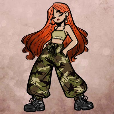 girl in baggy pants crop top and long hair