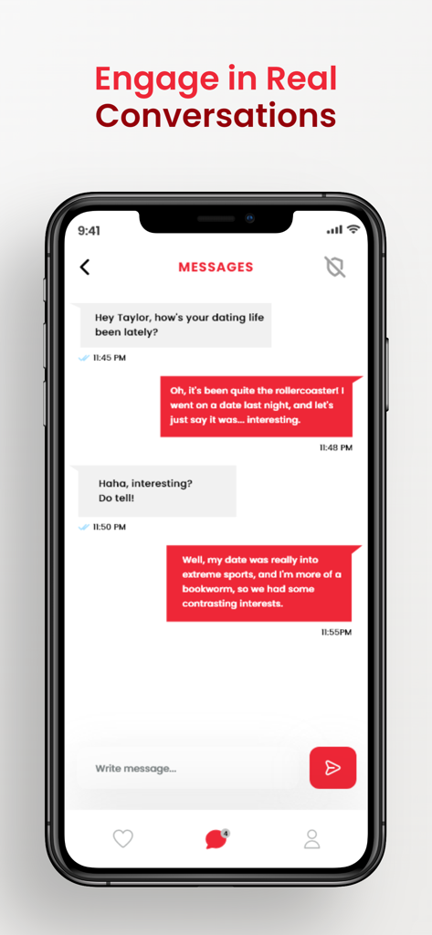 Taaruf - Taaruf app messaging interface showing a conversation on a mobile phone with the headline Engage in Real Conversations.