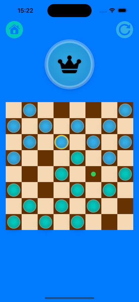 Un tablero de juego clásico de damas en móvil con piezas azules y turquesas y un icono de corona