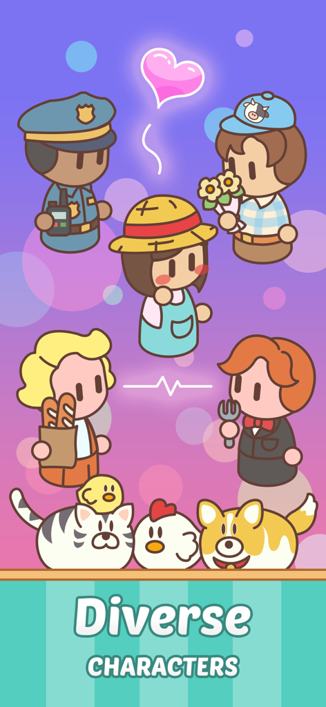 Merge Mend : Renovate Town - Ilustración de dibujos animados de diversos personajes del pueblo y animales adorables, incluyendo un policía, un granjero y un panadero de Merge Mend