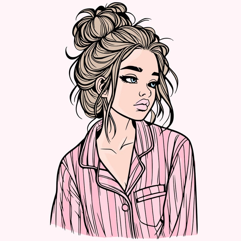 realistic woman with pajamas on and a messy bun