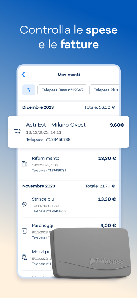 Telepass Mobile App-Bildschirm, der die Transaktionshistorie für Maut-, Park- und Kraftstoffausgaben anzeigt