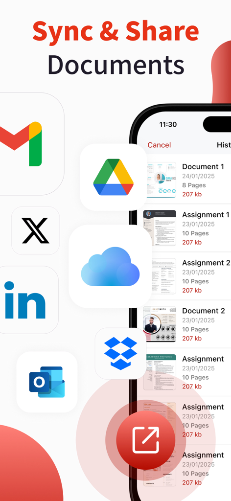 クラウドストレージおよびソーシャルメディアアイコンのドキュメント同期および共有オプションを表示するモバイルアプリインターフェイス