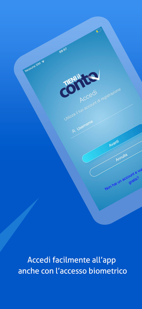 Tieni il Conto - Tela de login do aplicativo móvel Tieni il Conto mostrando o recurso de acesso biométrico