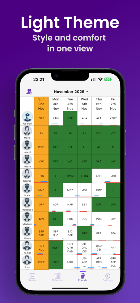 SkyCrew app light theme showing airline crew roster and flight schedules