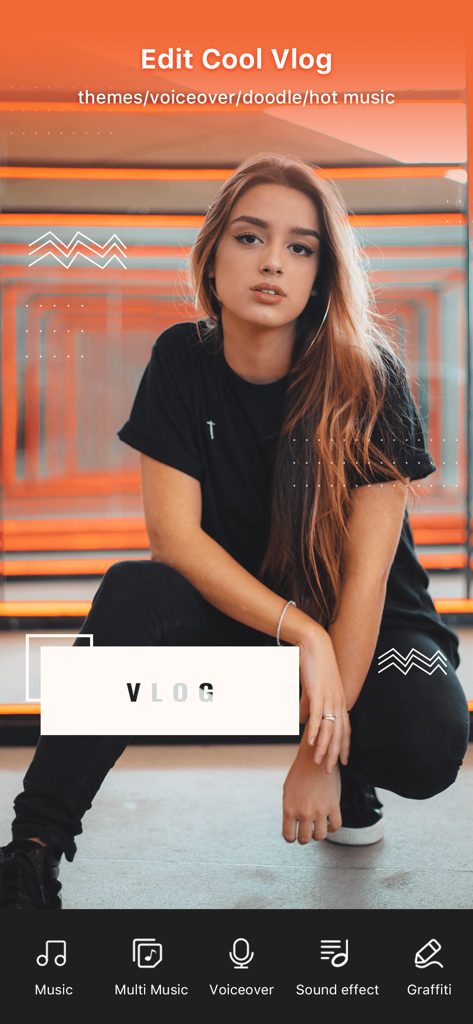 VideoShow PRO mobile app screen for vlog editing with music and voiceover features