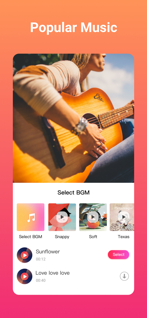 Slideshow Maker (SlidePlus) - SlidePlus app screen showing options to select popular background music for video slideshows