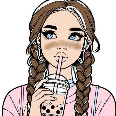 realistic girl with braided hair drinking boba