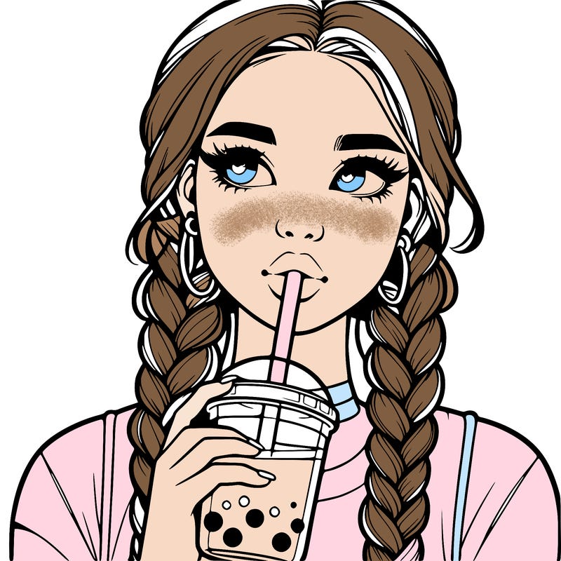 realistic girl with braided hair drinking boba