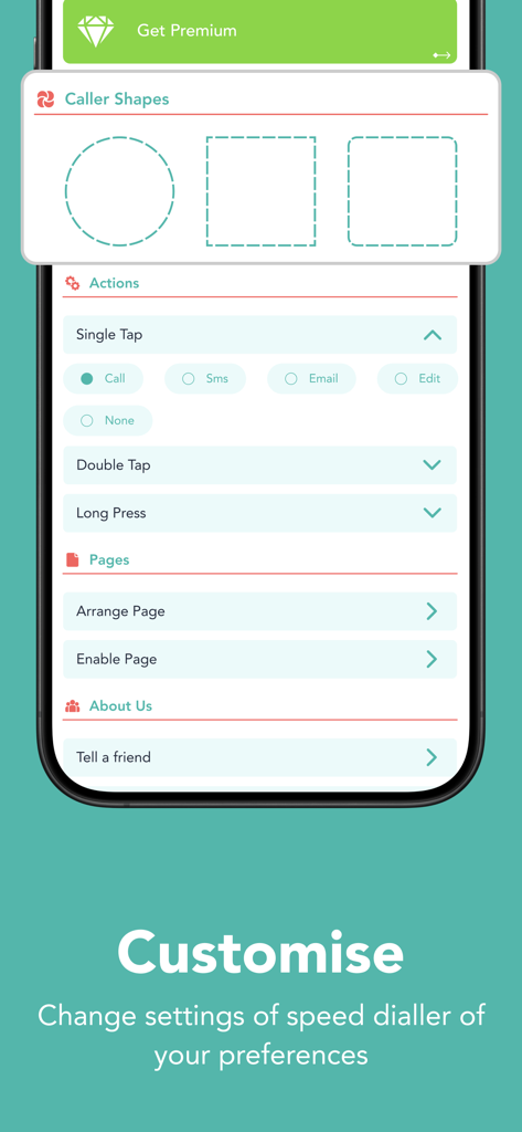 A screenshot showing the customization settings of the Speed Dial app including caller shapes, gesture actions, and page management.