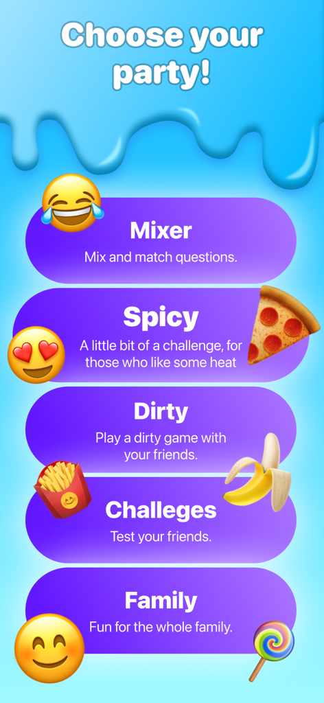 Party Lab: Exposed Game - Tela de menu do aplicativo Party Lab mostrando várias categorias de jogos como Desafios Mistos Picantes e Sujos e Família