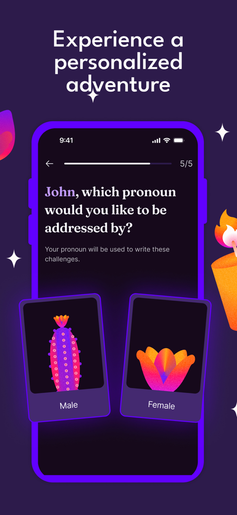 koopla - Naughty Couple Game - Écran de l'application Koopla montrant la sélection personnalisée des pronoms avec des options masculines et féminines pour une expérience de jeu de couple inclusive.