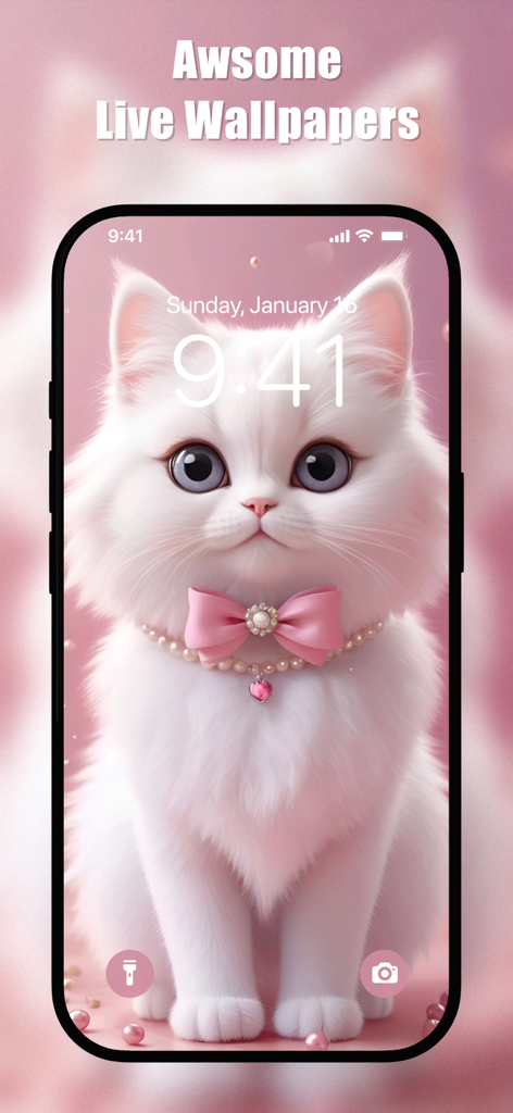 Cute Cat Wallpapers HD - Un gatito blanco esponjoso y lindo con un lazo rosa y perlas en la pantalla de bloqueo de un iPhone