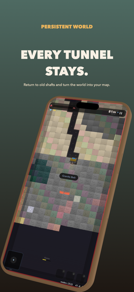 Digline: Cozy Mining - Digline Cozy Mining game screenshot showing persistent tunnels and a mining map on a mobile phone.