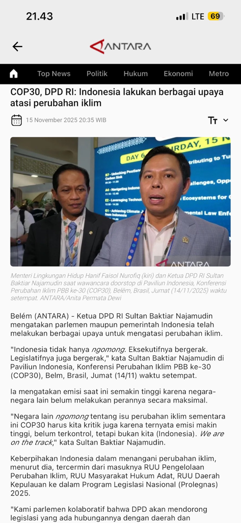 Antaranews - Antaranews app interface displaying a news article about Indonesia's involvement in the COP30 climate summit.