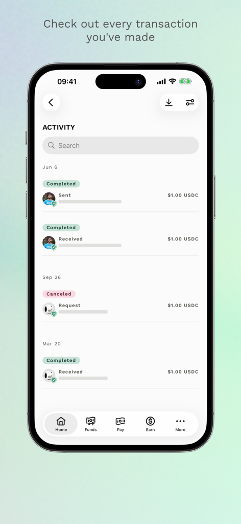 Écran d'activité de l'application mobile Airtm affichant une liste d'enregistrements de transactions USDC envoyées et reçues