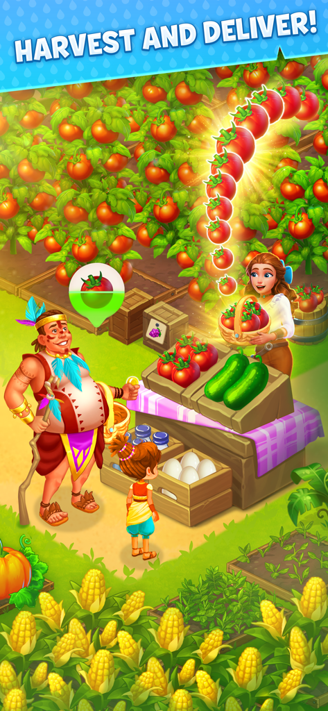 Island Hoppers: Adventure Farm - Personajes cosechando tomates y vendiendo productos frescos en un mercado de granja tropical.