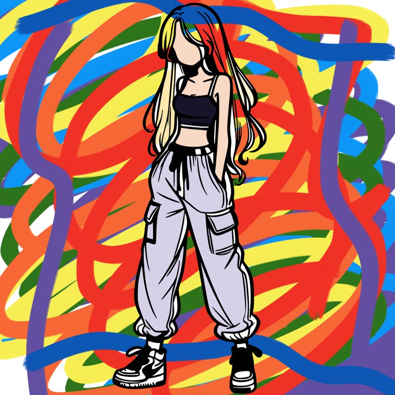 girl in baggy pants crop top and long hair