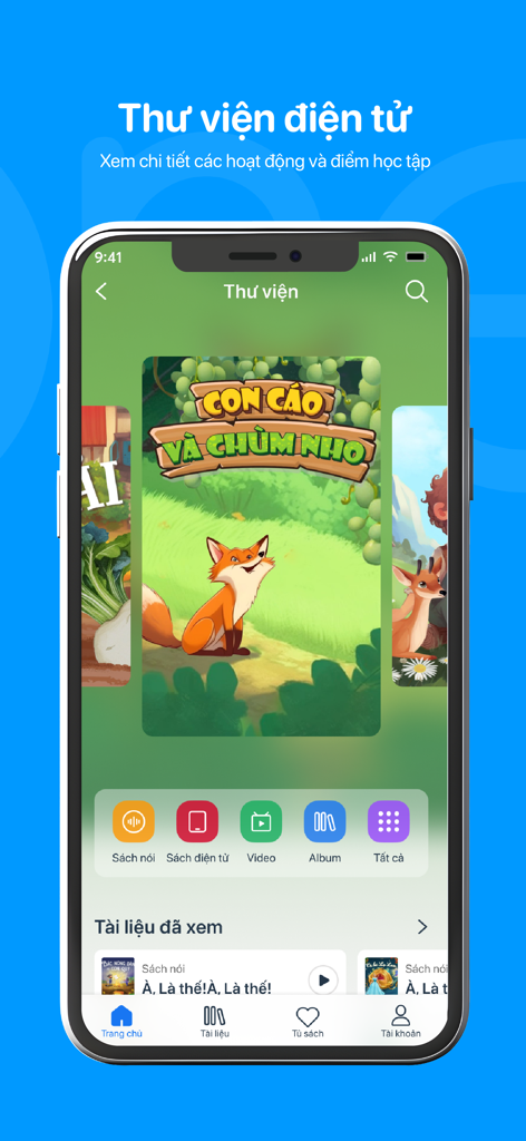eNetViet Học sinh - eNetViet Hoc sinh app electronic library screen showing digital books and audiobook categories