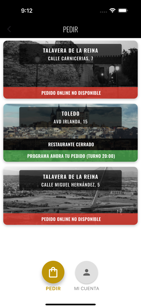 Bendita Burger - Pantalla de selección de ubicación de la app Bendita Burger mostrando restaurantes en Toledo y Talavera de la Reina con estado del pedido.