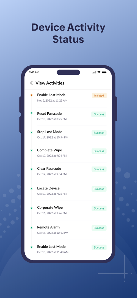 Schermata dello smartphone che mostra lo stato dell'attività del dispositivo e i log storici per le azioni di sicurezza remota nell'app MDM MSP