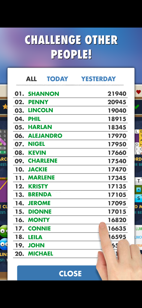 Pantalla de tabla de clasificación global en Word Games PRO que muestra las mejores clasificaciones de jugadores y puntuaciones altas