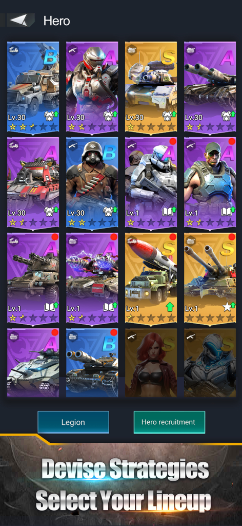 Pantalla de selección de alineación de héroes con varias unidades militares y tanques en Age of Warpath.