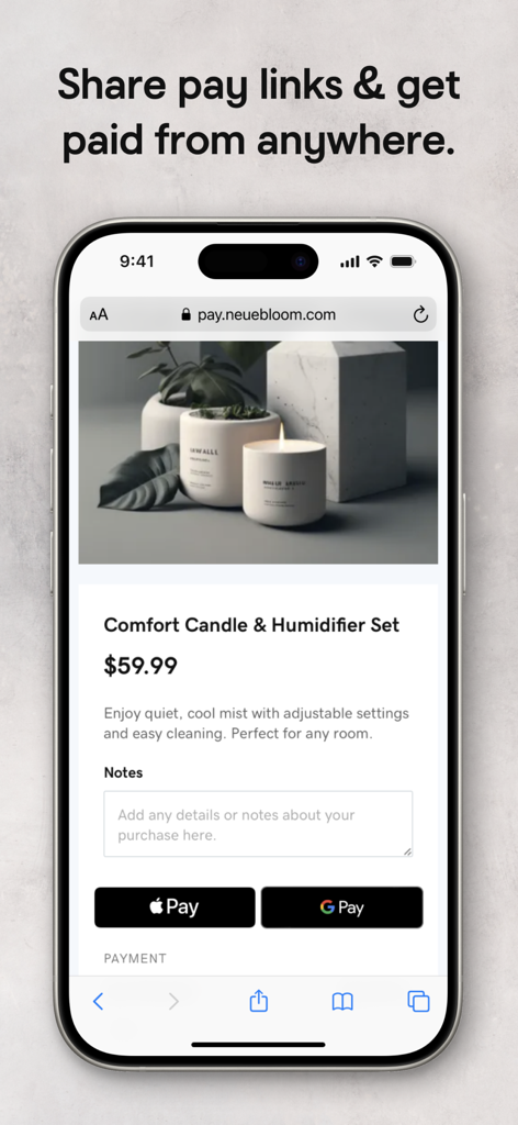 Una pagina di checkout mobile su un iPhone che mostra un link di pagamento GoDaddy Commerce per un set di candele con opzioni Apple Pay e Google Pay