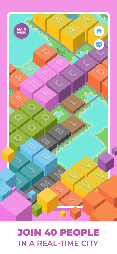 Pixel Plex: City Builder - Vue colorée isométrique en pixel art d'une ville avec une légende multijoueur en temps réel