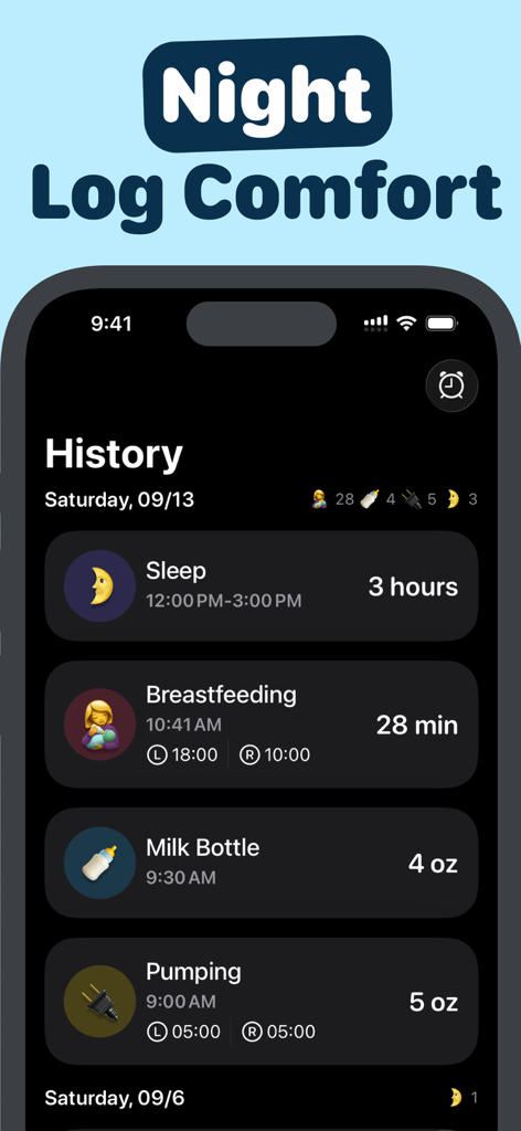 Baby Feed Timer - Babee - Newborn activity history log in dark mode showing feeding and sleep data