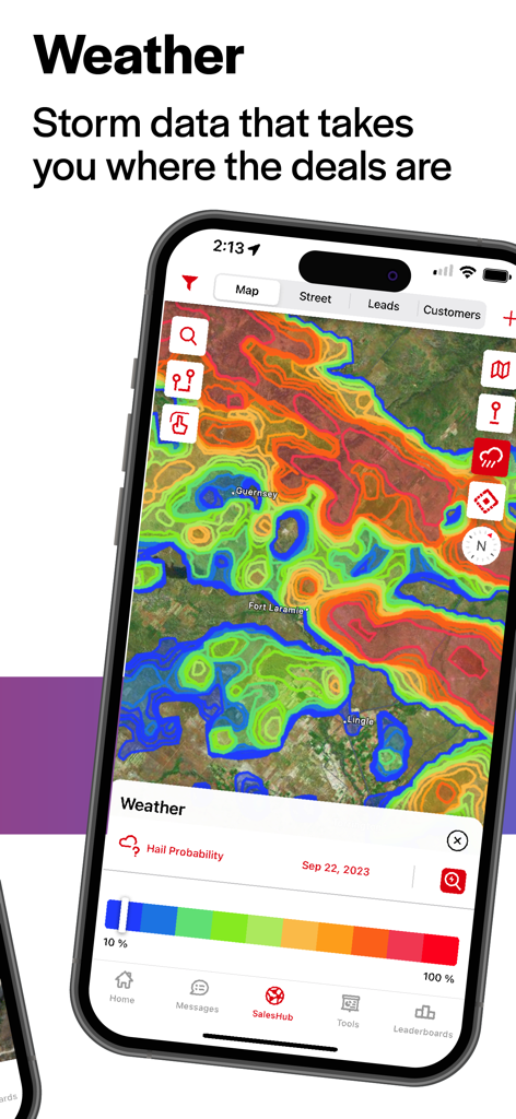 SalesRabbit - SalesRabbit app interface displaying weather storm data and hail probability overlays on a map for field sales.