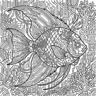 Explore a captivating blend of marine beauty and futuristic tech with this Cyberpunk Tropical Fish coloring page. Its intricate details promise an engaging and unique artistic challenge.