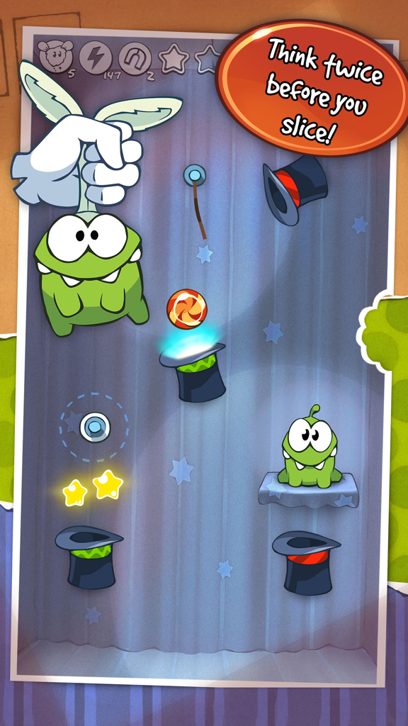 Cut the Rope GOLD - Om Nom in a magic themed physics puzzle level from Cut the Rope GOLD