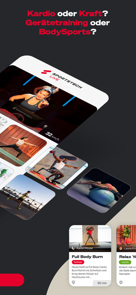Sportstech Live App-Bildschirm, der eine Vielzahl von Heimtrainings zeigt, darunter Yoga, Krafttraining und Radfahren