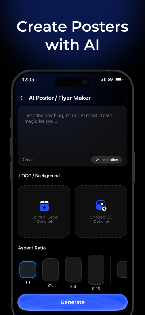 Interface do Flyra AI Poster Maker mostrando um campo de prompt de texto e seleção de proporção para gerar designs.