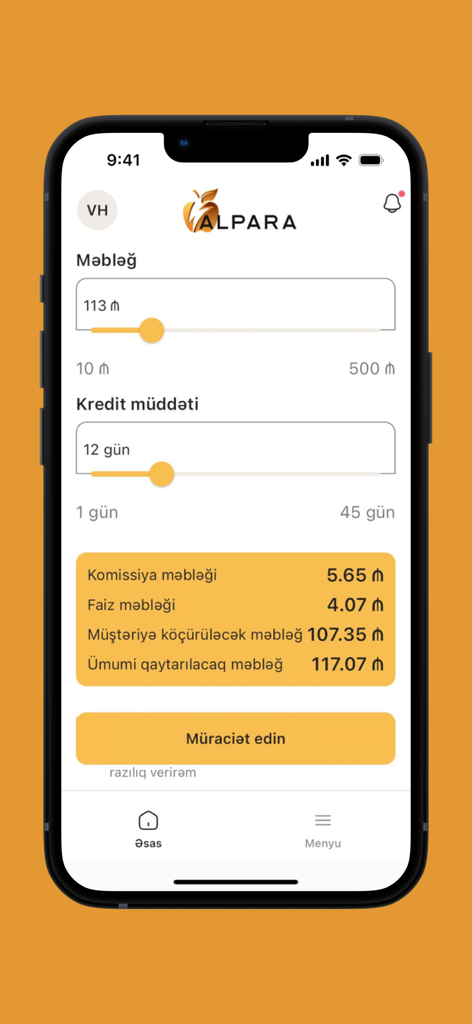 Alpara - Alpara app interface displaying a micro-loan calculator with custom amount and term sliders