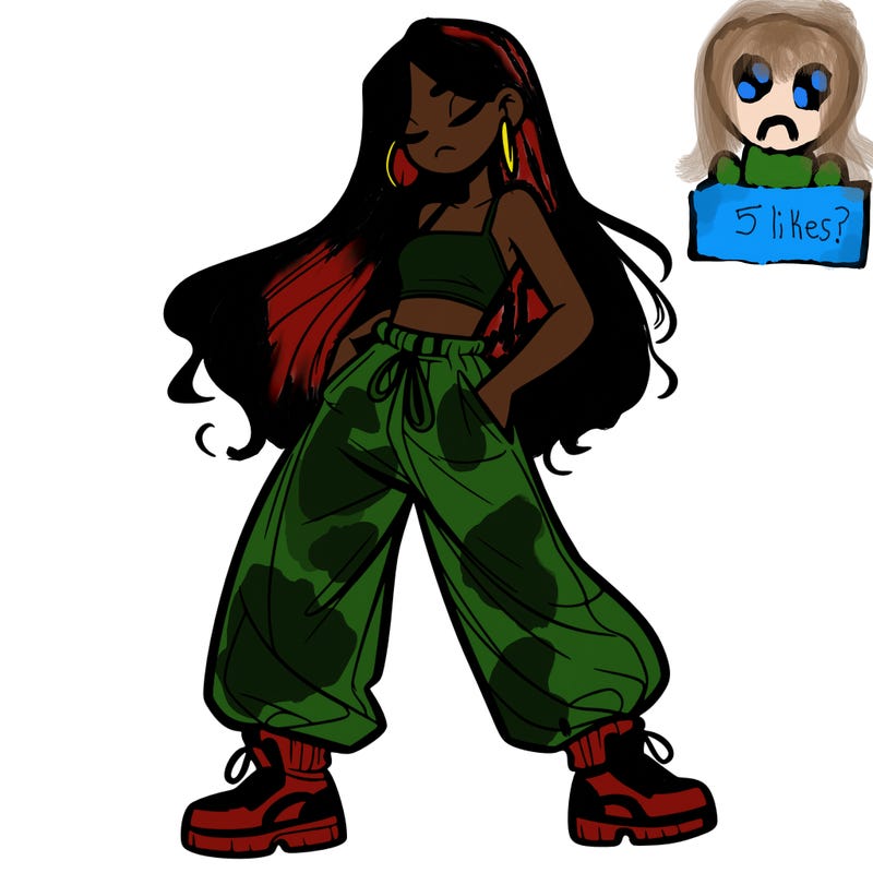 girl in baggy pants crop top and long hair
