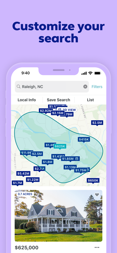 Trulia Real Estate & Rentals - Trulia app interface showing a custom search area drawn on a map with home price listings
