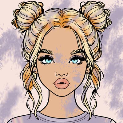 realistic girl with two buns in hair and lips