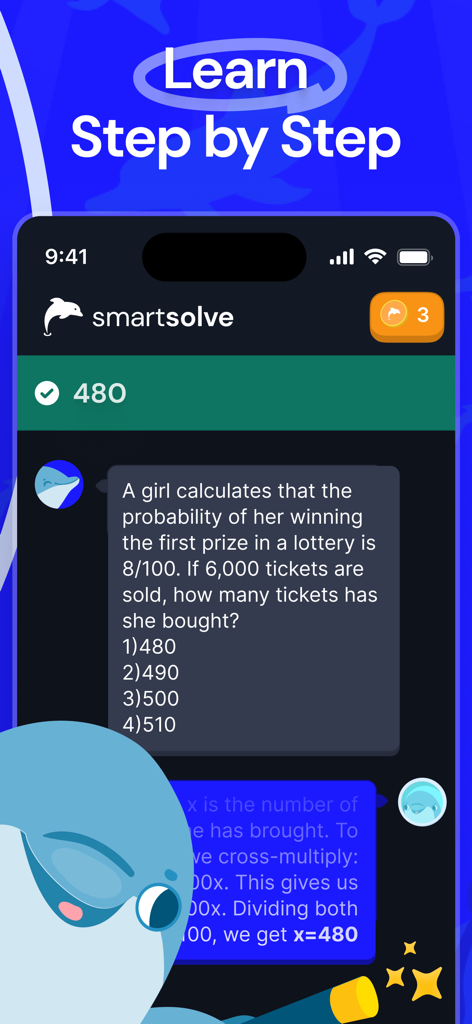 SmartSolve app interface showing a step by step explanation for a probability math problem