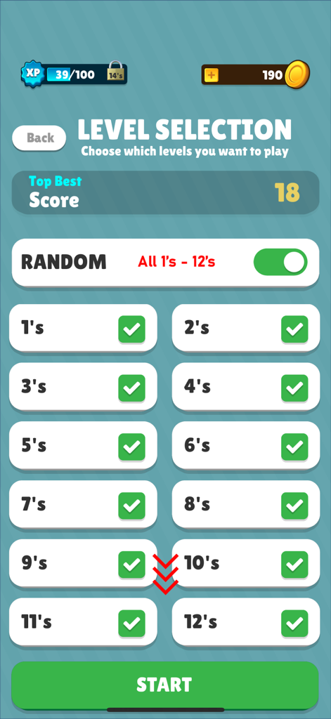 Quick Math Daily - Level selection screen for choosing multiplication tables in the Quick Math Daily app