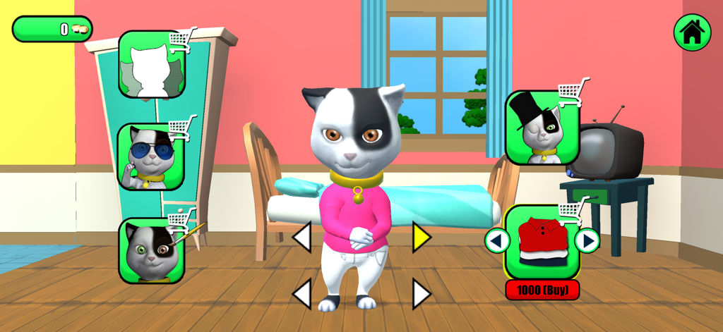 Talking Baby Cat Max Pet Games - Customization screen in the Talking Baby Cat Max app showing various outfits and accessories for the kitten pet character.
