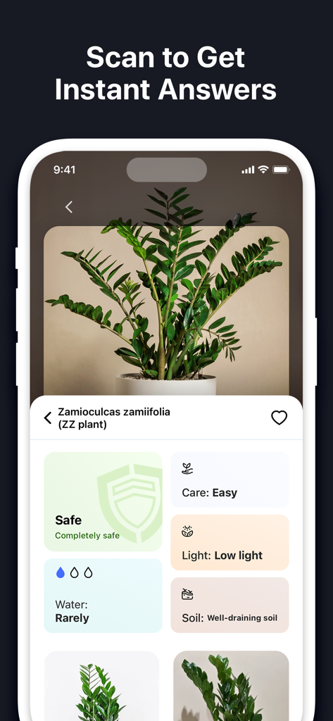 EveryScan・Identifier & AI Lens - Interfaccia dell'app EveryScan che mostra i risultati dell'identificazione della pianta ZZ inclusi lo stato di sicurezza e le istruzioni per la cura di luce, acqua e terreno.