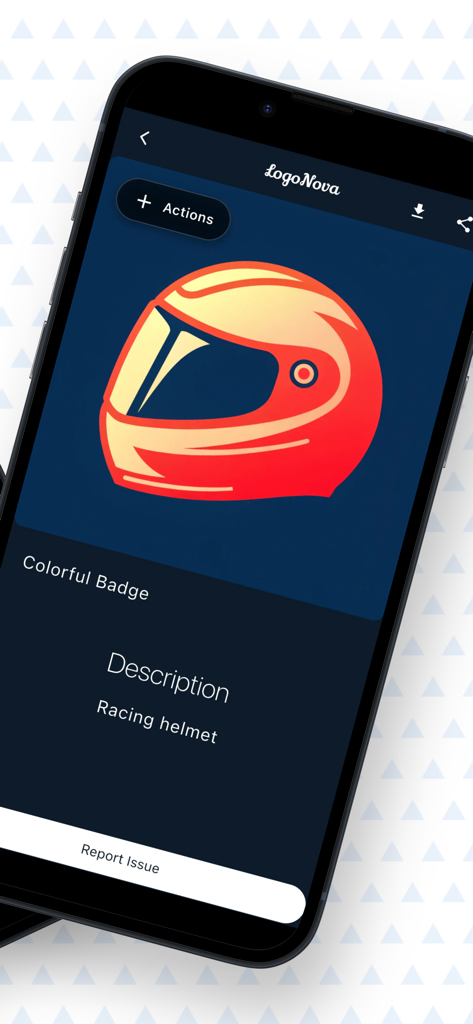LogoNova - Logo Maker & Design - LogoNovaアプリインターフェース。赤と黄色のレーシングヘルメットのロゴデザインを表示