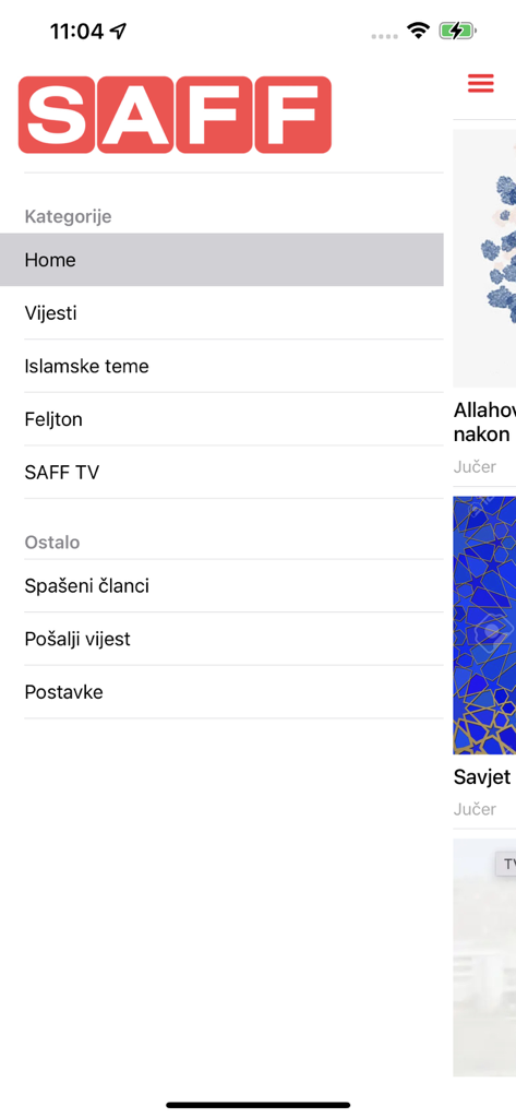 Saff.ba - Saff.ba mobile app navigation menu showing news categories such as Vijesti and Islamske teme in Bosnian.