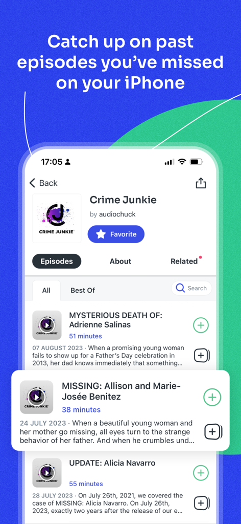 Podcast App - Crime Junkieのエピソードリストが表示されたポッドキャストアプリのiPhone画面