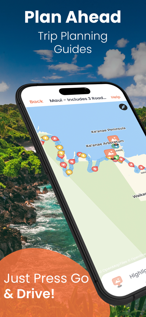 Maui GyPSy Guide Driving Tour - Maui driving tour app interface showing a map with GPS route markers and coastal scenery background