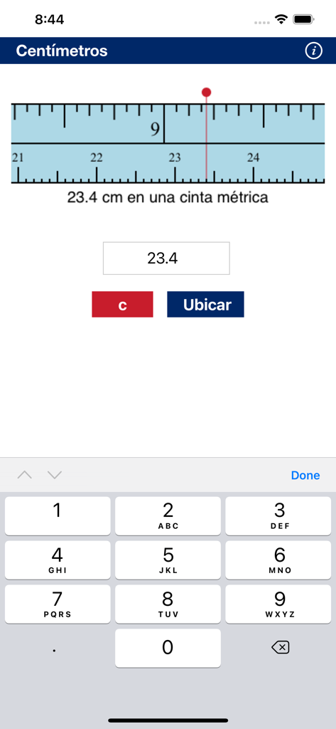 Cinta métrica - Mobile app interface of Cinta metrica showing a visual representation of 23.4 centimeters on a ruler
